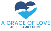 Blue heart with hands reaching towards each other, text
