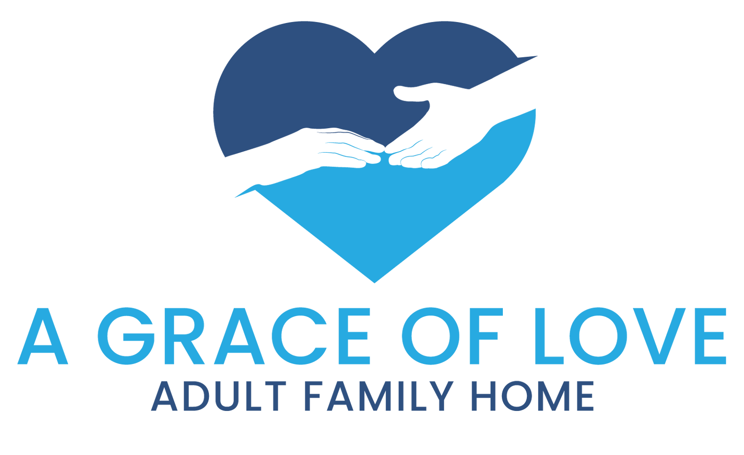 Blue heart with hands reaching towards each other, text