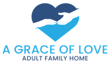 Blue heart with hands reaching towards each other, text 
