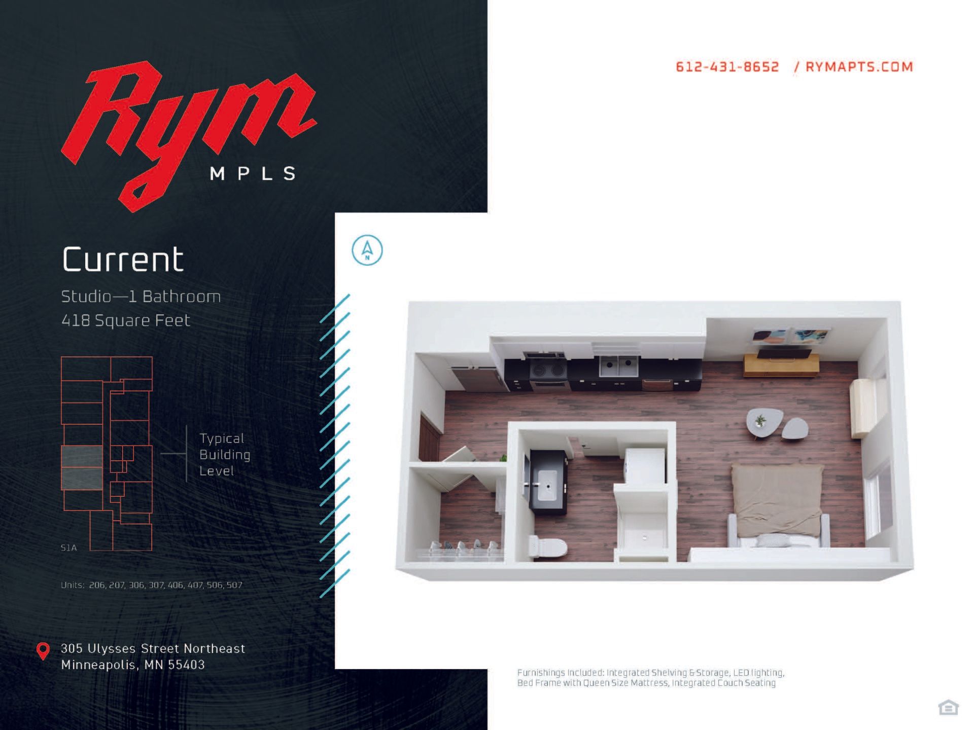 Current Studio Apartment Floorplan – 418 Square Feet at RYM Apartments in Northeast Minneapolis