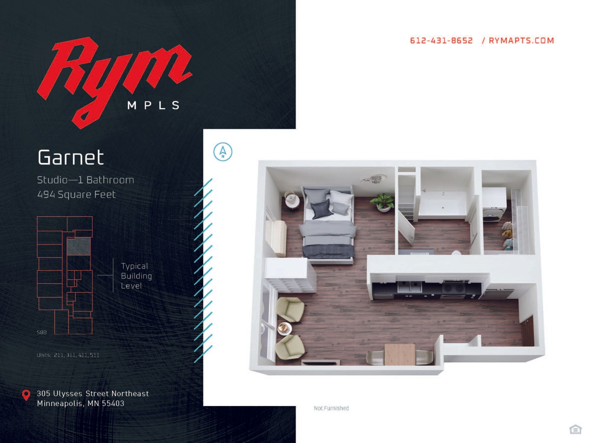 Garnet Studio Flat Floorplan – 494 Square Feet at RYM Apartments in Northeast Minneapolis