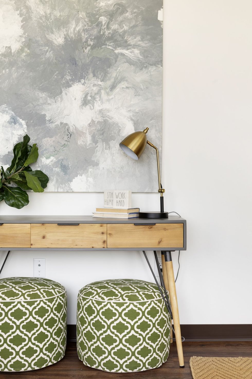Wooden table and lamp 