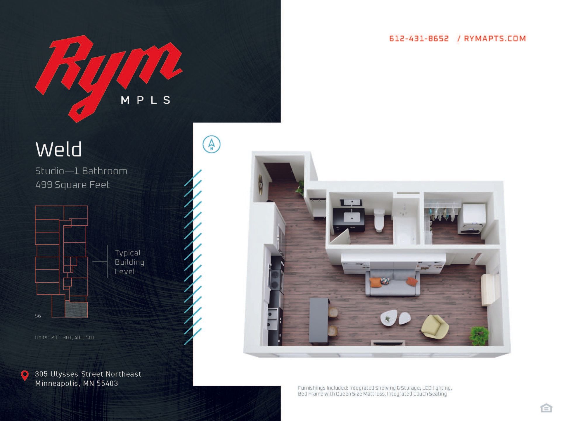 Weld Studio Apartment Floorplan – 499 Square Feet at RYM Apartments in Northeast Minneapolis