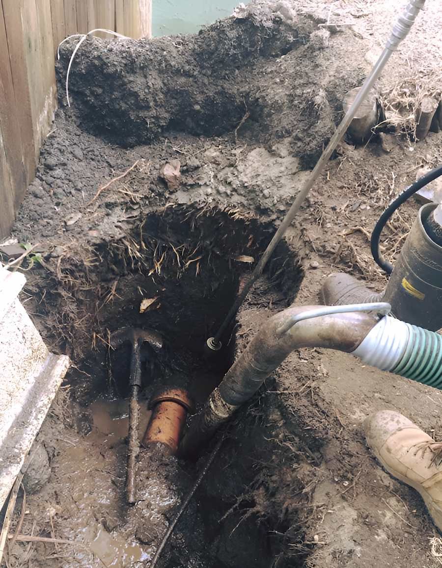 A Person is Holding a Hose in a Hole in the Ground — De Rose Plumbing In Bayview Heights, QLD