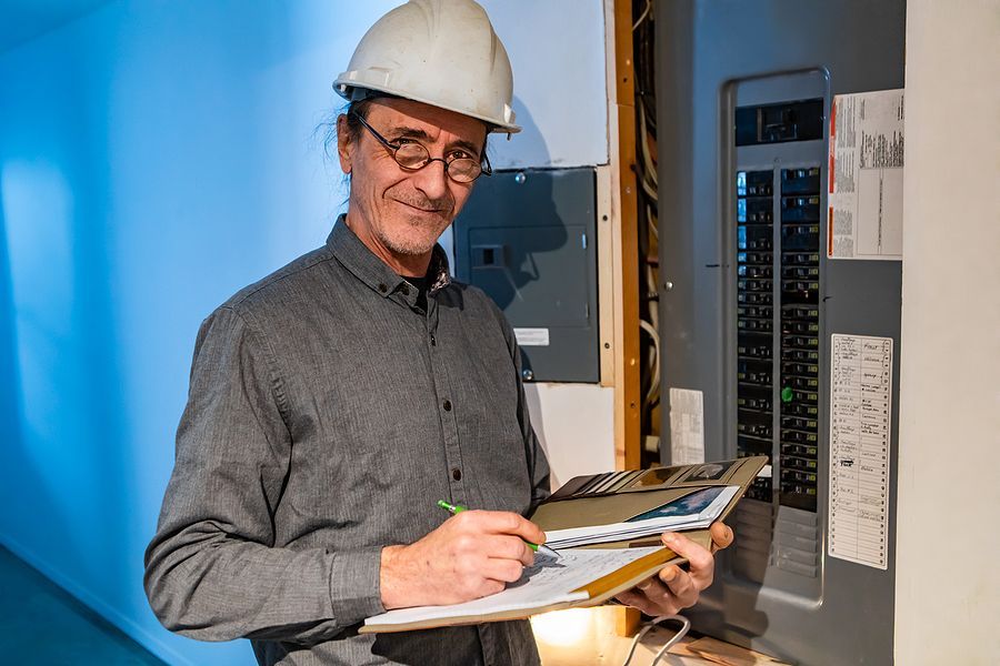 Worker in a hard hat writes on a clipboard beside an electrical panel.