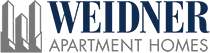 A logo for weidner apartment homes with a building in the background.