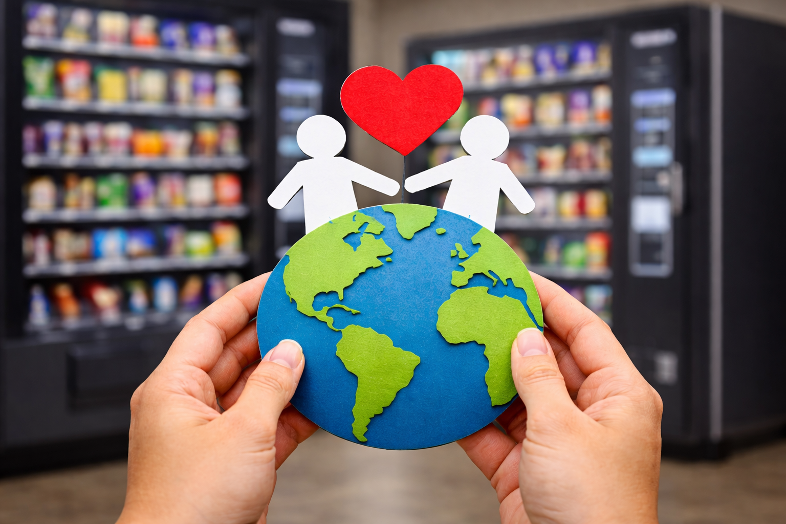 Hands holding a paper globe with two white figures and a red heart, in front of blurred vending machines