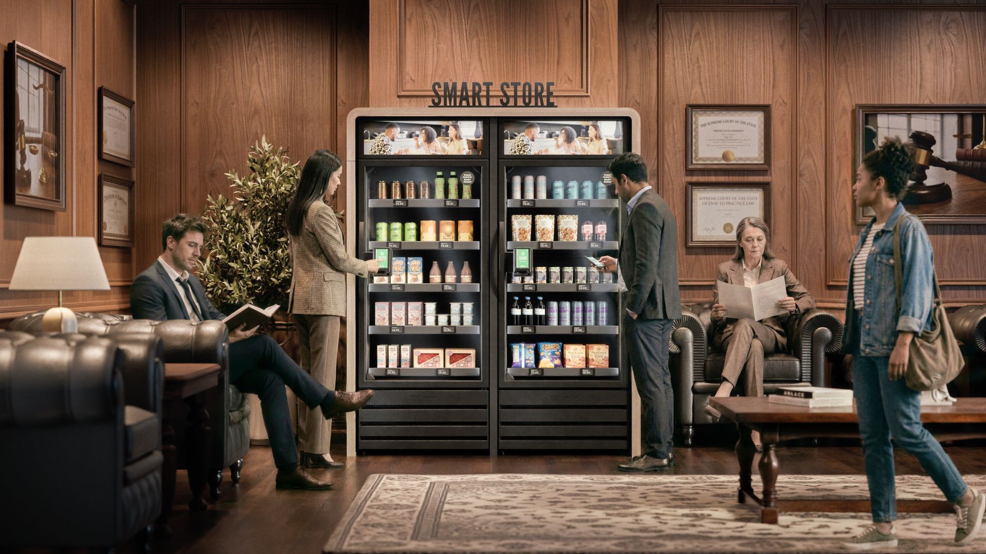 Two commercial vending machines, full of snacks and beverages, against a light gray wall.