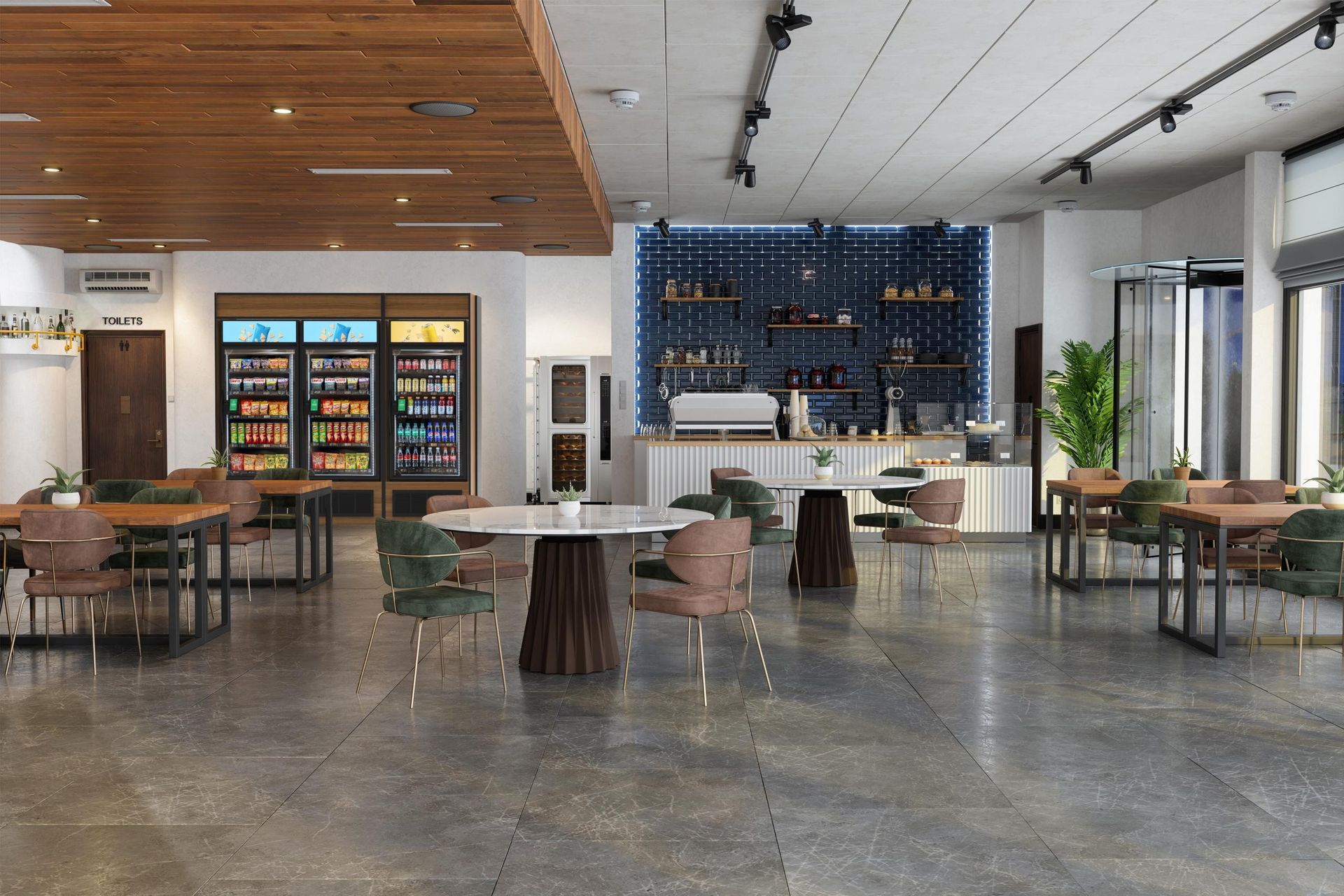 Cafe interior with tables, chairs, bar, and beverage coolers. Dark blue accent wall, wood ceiling, and gray flooring.