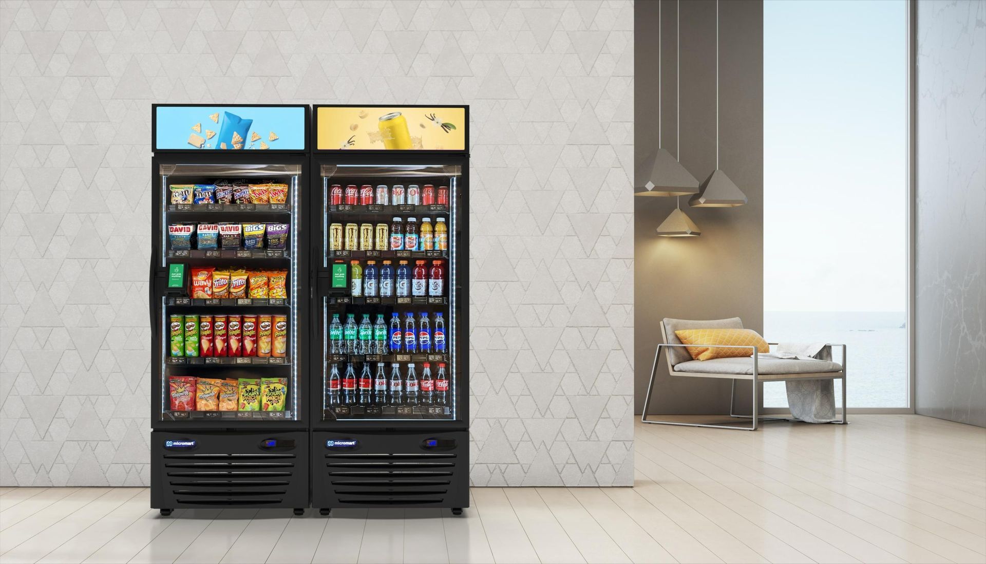 Two commercial vending machines, full of snacks and beverages, against a light gray wall.