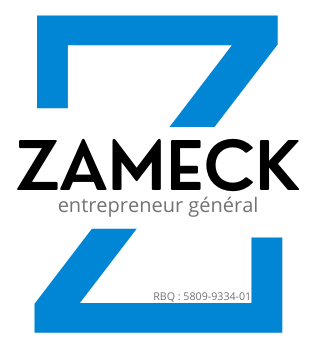 Lettre Z bleue encadrant le mot ZAMECK, texte : entrepreneur général, RBQ : 5809-9334-01.