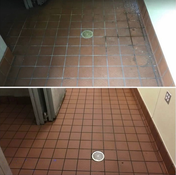 Two views of a tiled hallway floor, each with a circular floor drain, one green and one white.