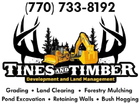 Tines and Timber landscaping logo with phone number and yellow excavator under deer antlers