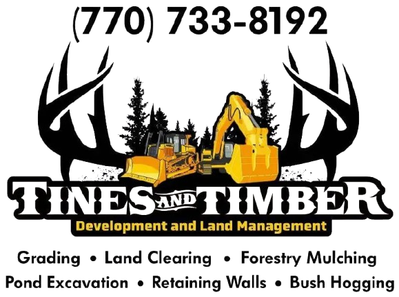 Tines and Timber landscaping logo with phone number and yellow excavator under deer antlers