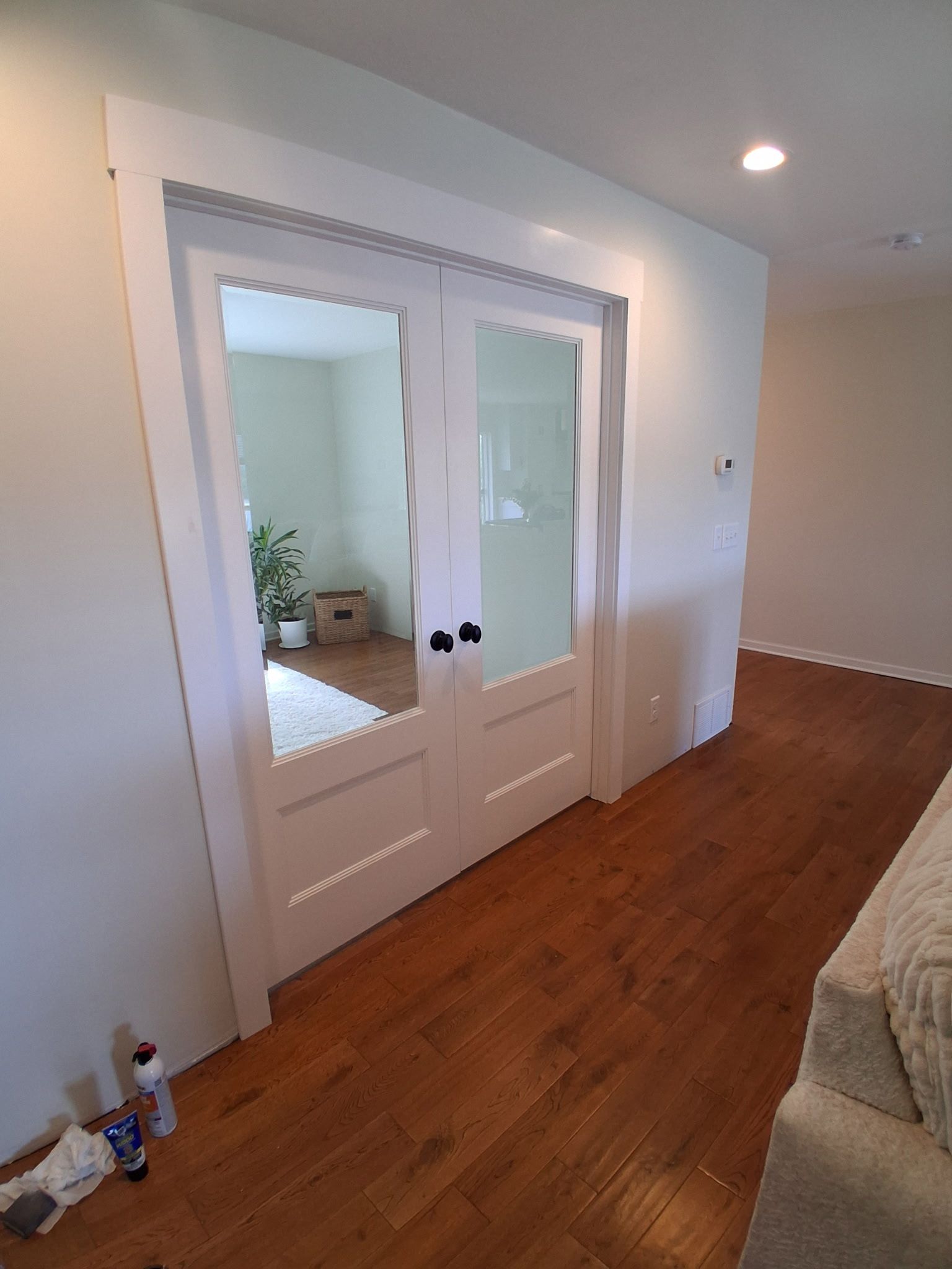 Bright hallway with white double closet doors, hardwood floor, and a glimpse into a room through one door panel