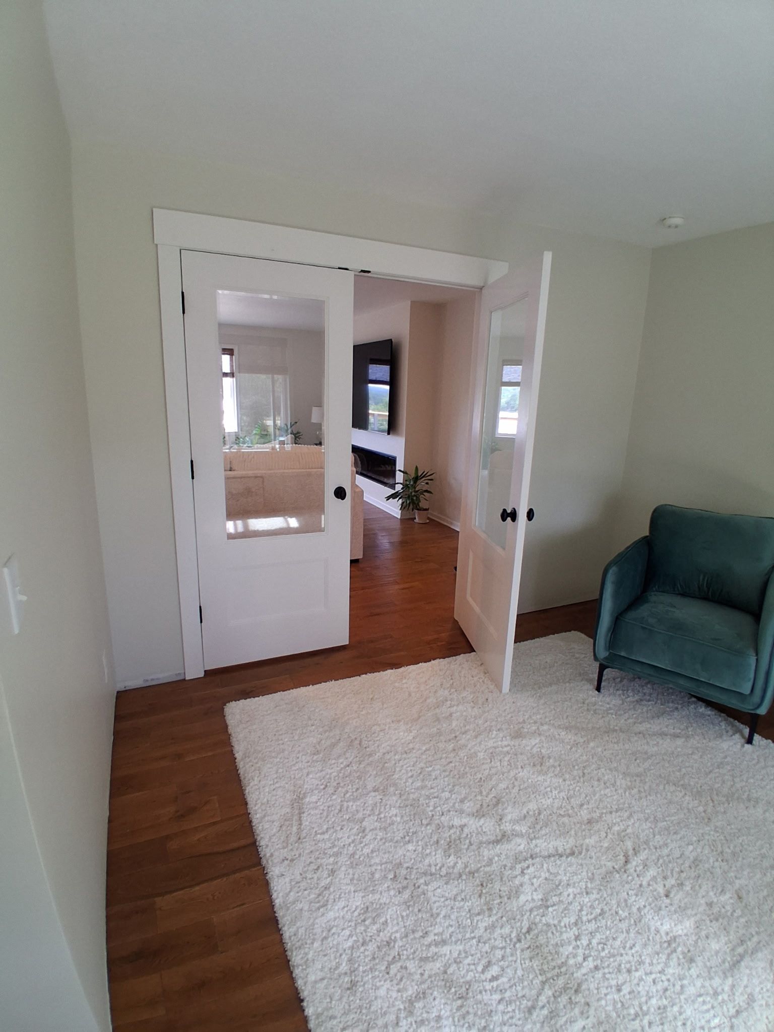 Bright living room with white rug, green chair, and open French doors to a dining area