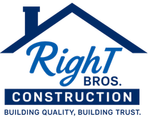 Right Bros. Construction logo with blue roof graphic and slogan “Building quality, building trust.”