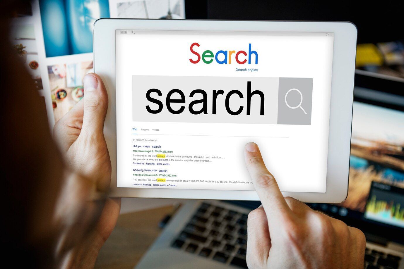 A person is holding a tablet with the word search on the screen.