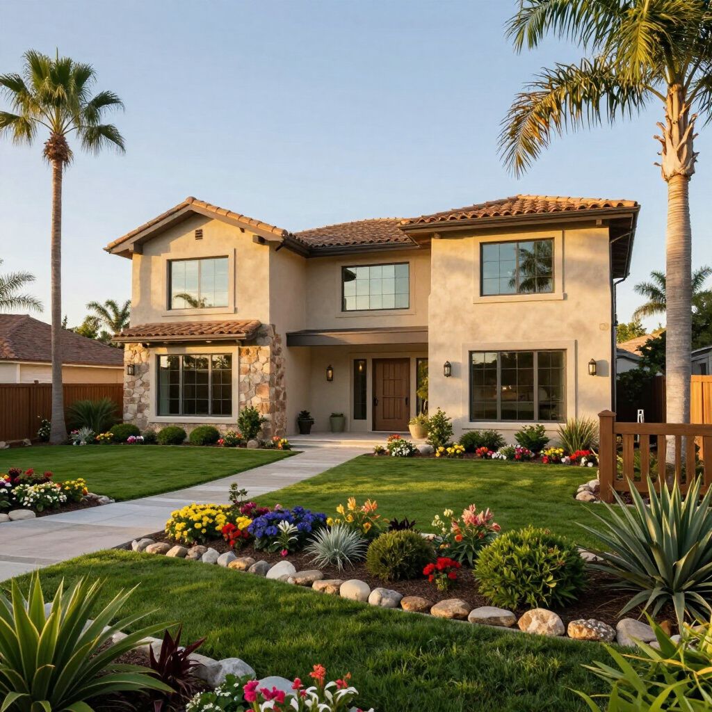 Two-story beige house with manicured lawn, stone accents, and colorful flowerbeds. Palm trees frame the house.