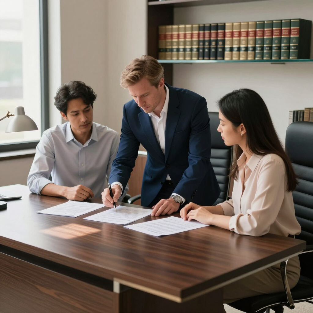 Three people reviewing documents at a wooden table in a bright office