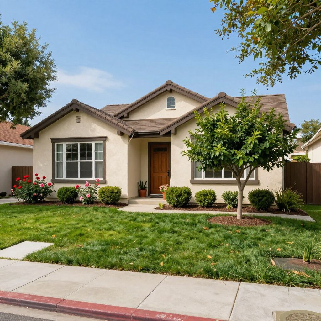Tan suburban house with brown roof and door, green lawn, trees, and blue sky.