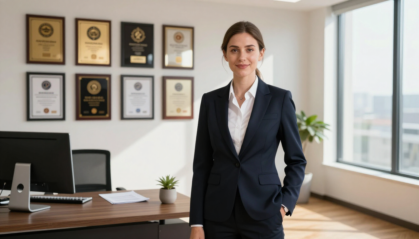 Professional woman standing in a modern office with framed awards on the wall