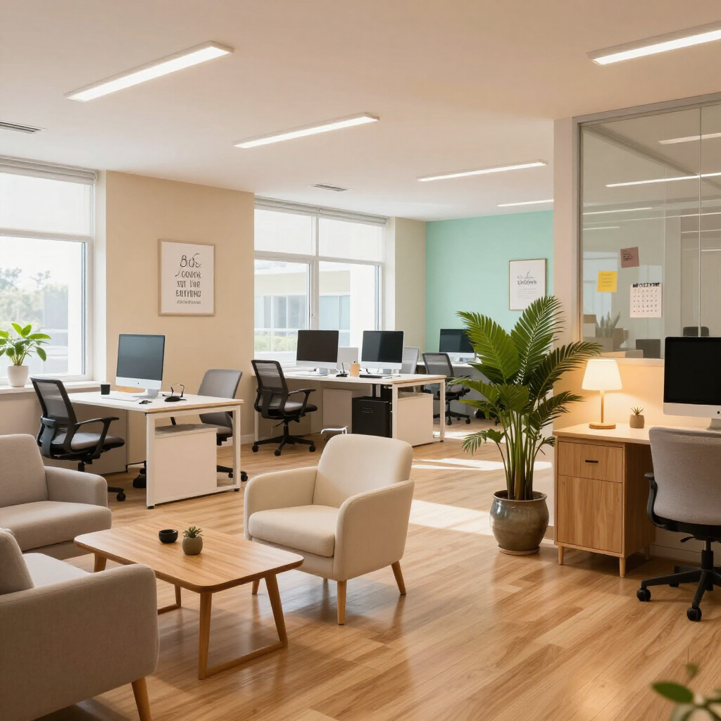 Bright modern office with desks, computers, lounge chairs, plants, and warm wood flooring