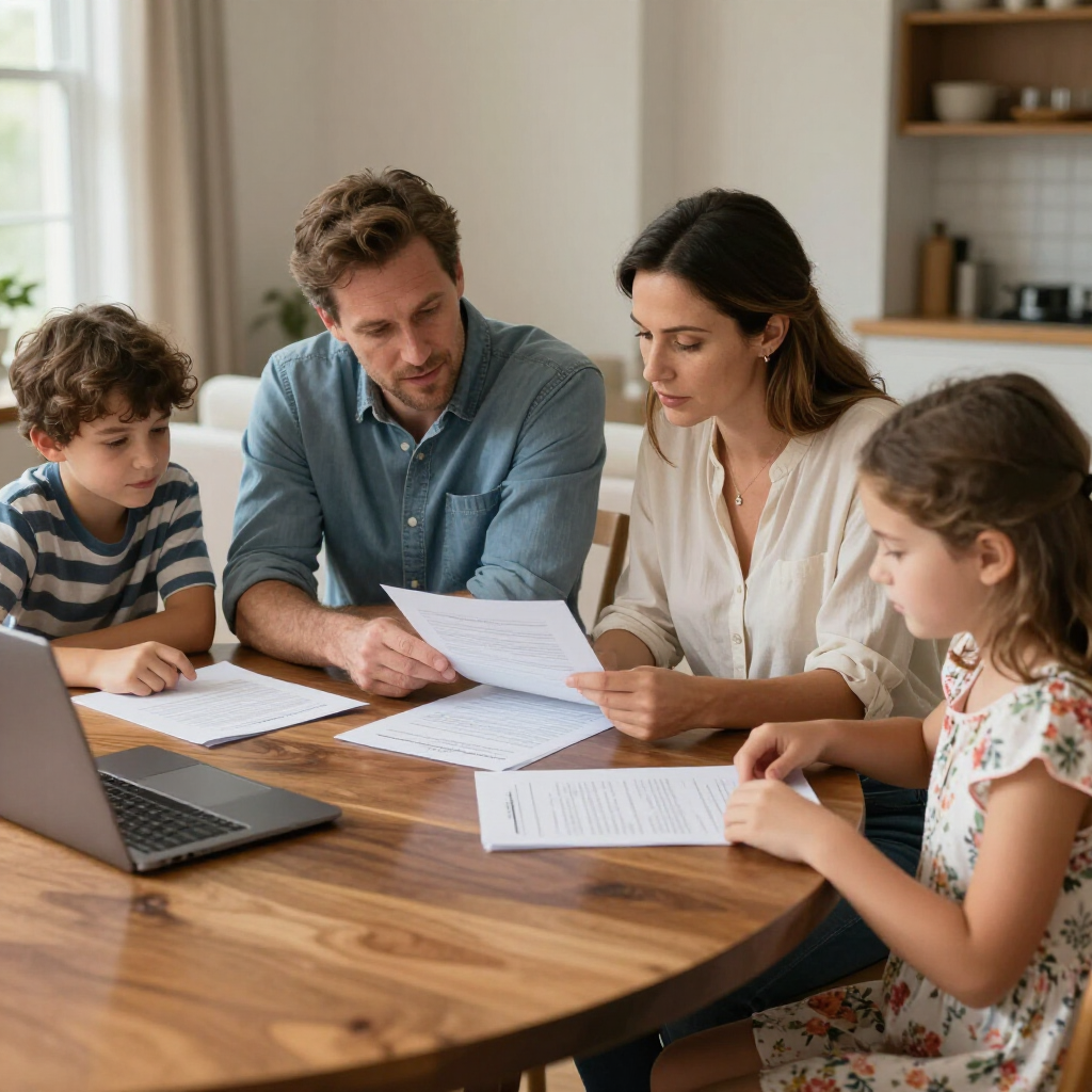 Family reviewing papers around a wooden table with a laptop in a bright kitchen/living room