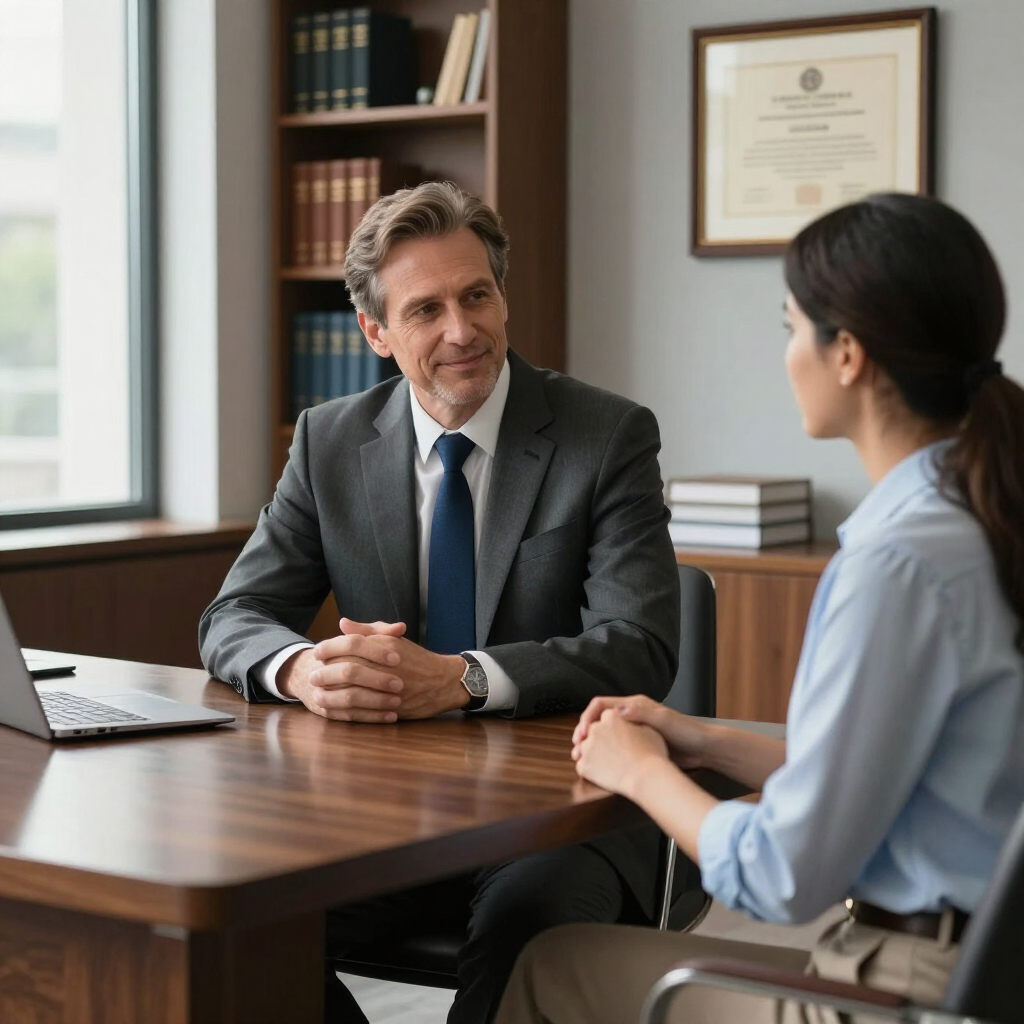 Business meeting in an office, with two people seated across a wooden desk and documents on the wall.