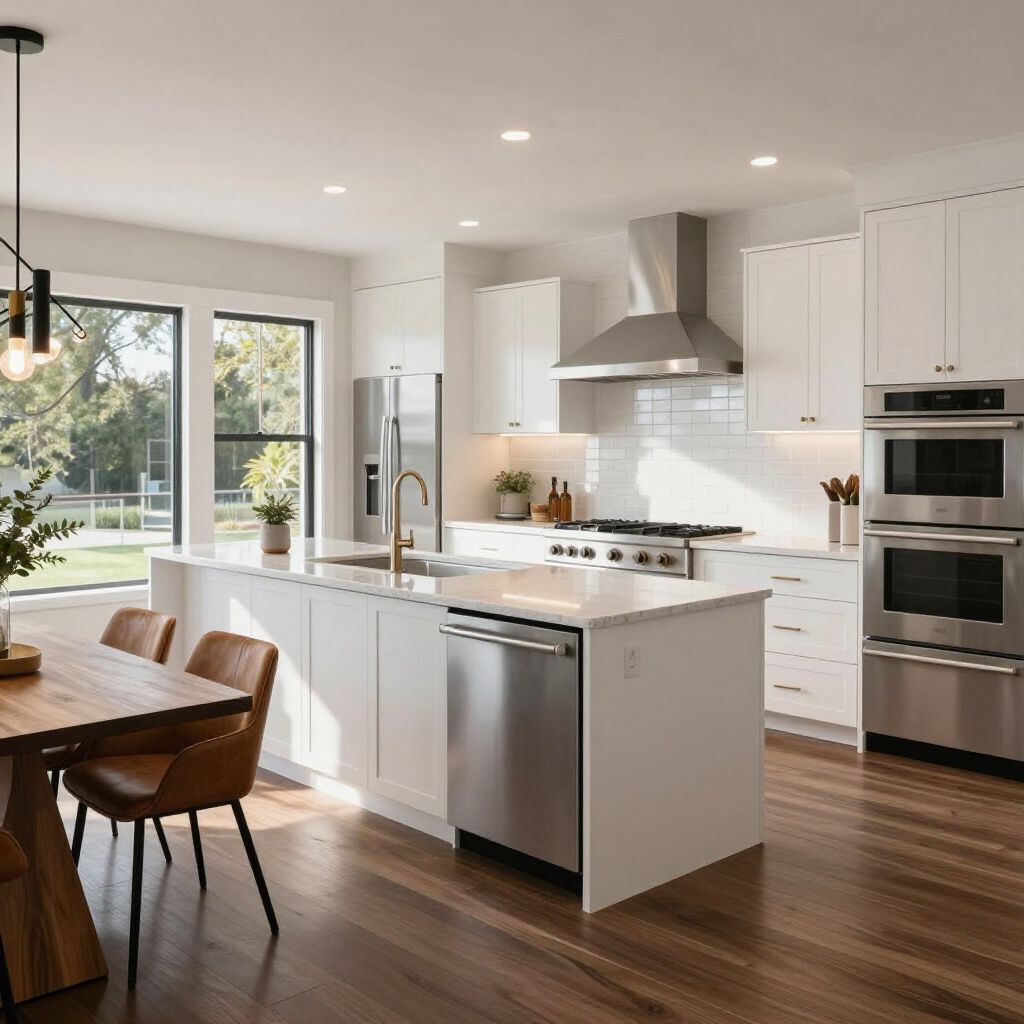 Modern white kitchen with island, stainless steel appliances, and dark wood floors.