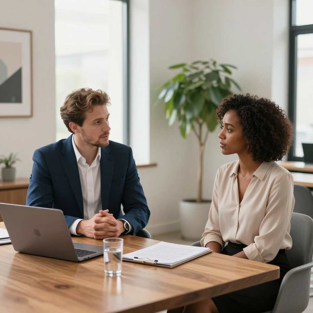 Two people in a meeting at a wooden table with a laptop, papers, and a glass of water in a bright office
