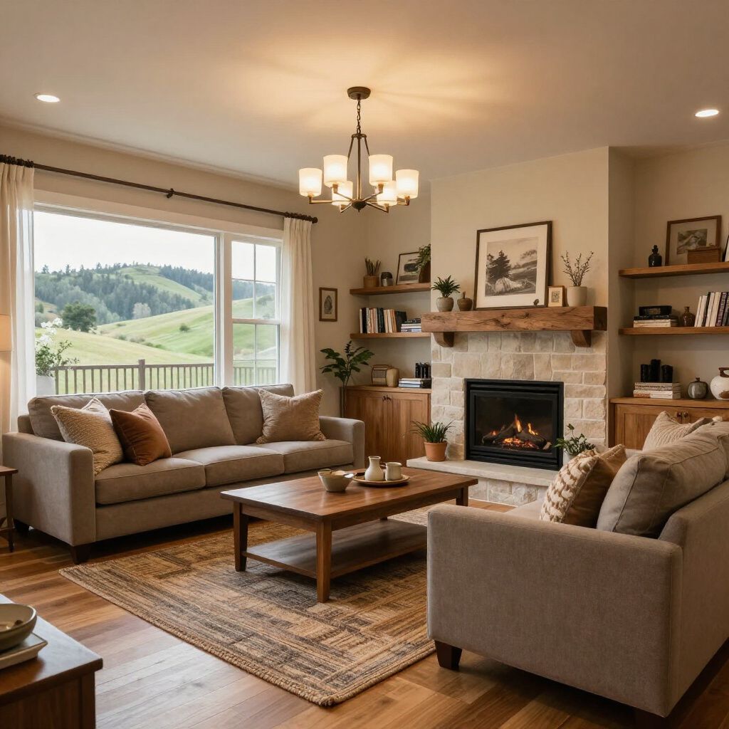 Cozy living room with fireplace, sofas, wood accents, and a window overlooking a green landscape.