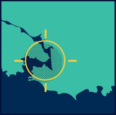 Map with highlighted area; teal and dark blue colors, yellow crosshairs.