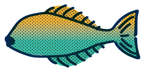 Cartoon fish with yellow to teal gradient and black outline.