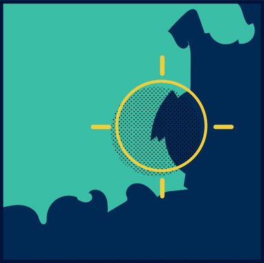 A map with a mountain in a yellow target, teal and navy blue colors.