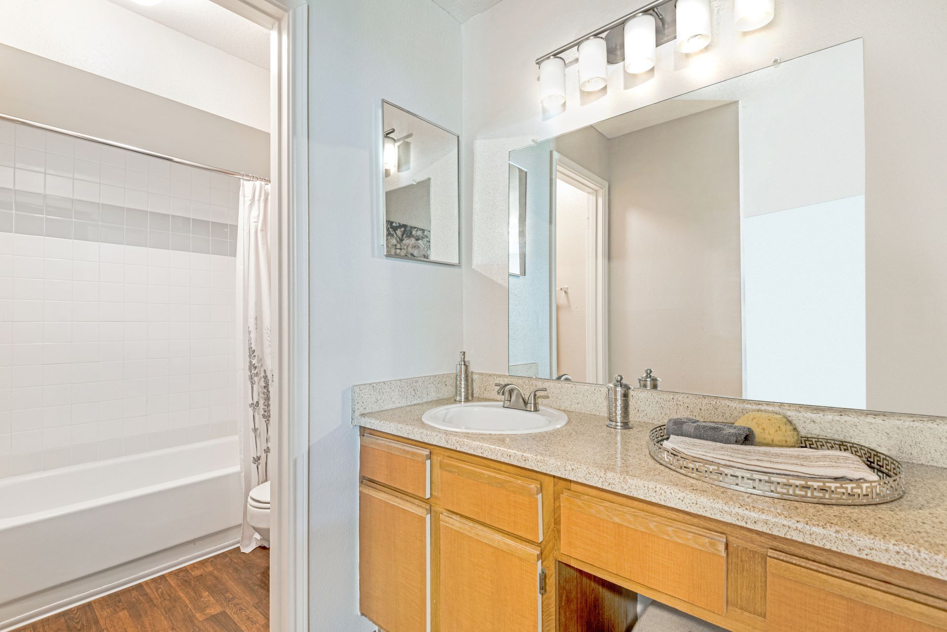 Bathroom vanity with large mirror, double sinks, and a bright hallway visible through an open doorway at Steeplechase Apartments for Rent in Knoxville, TN