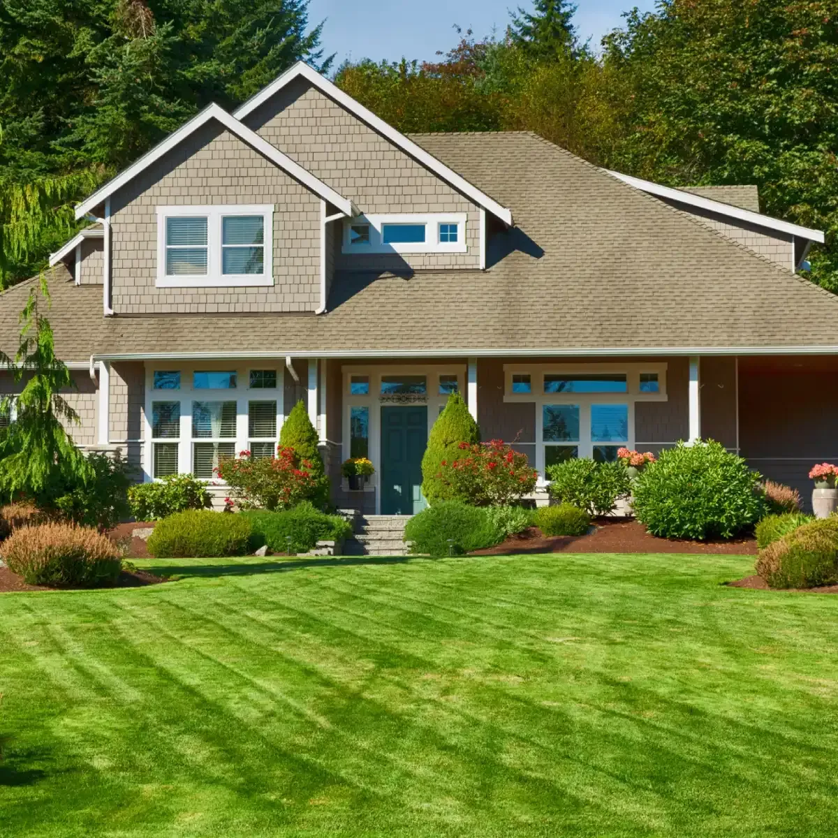 Suburban house with a gray roof, blue front door, and a lush green lawn