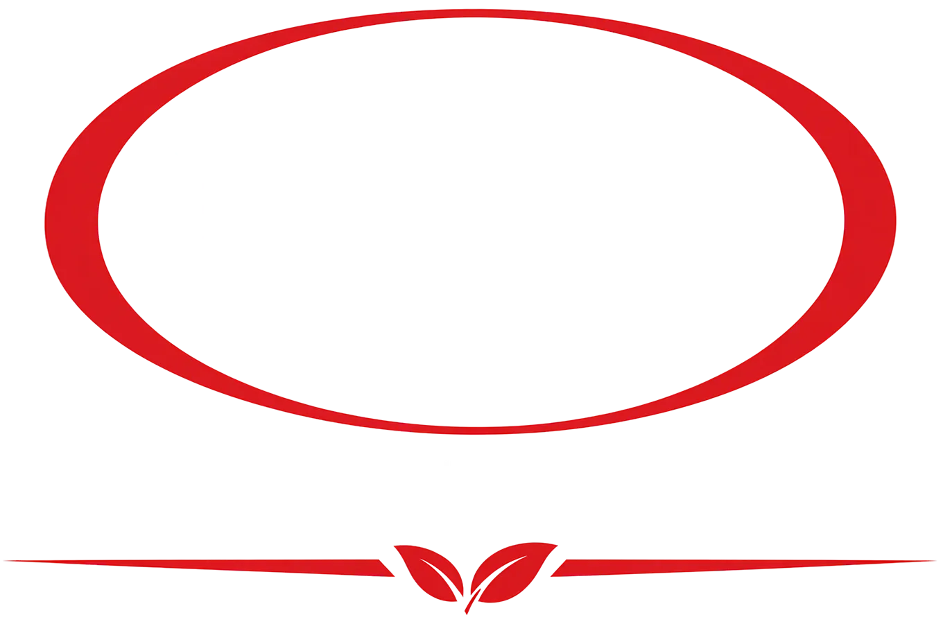 Red oval frame with a small red leaf-like logo centered at the bottom on a white background