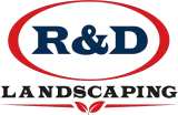 R&D Landscaping logo with red oval and navy lettering on a white background