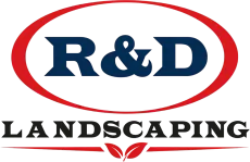 R&D Landscaping logo with red oval and navy lettering on a white background