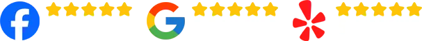 Facebook, Google, and Yelp logos with five-star ratings beside them