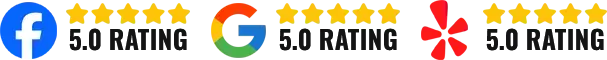 Facebook, Google, and Yelp 5.0 rating badges side by side on white background
