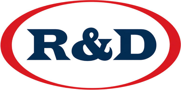R&D logo in navy blue letters inside a red oval outline on a white background