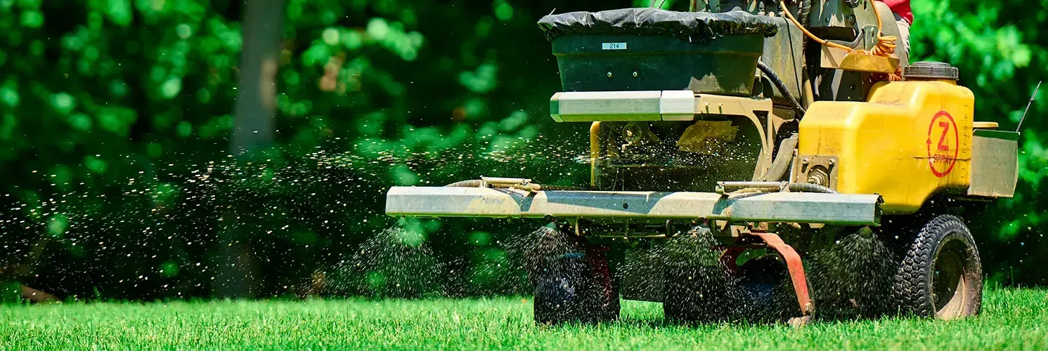 Yellow lawn mower cutting wet grass in a green garden