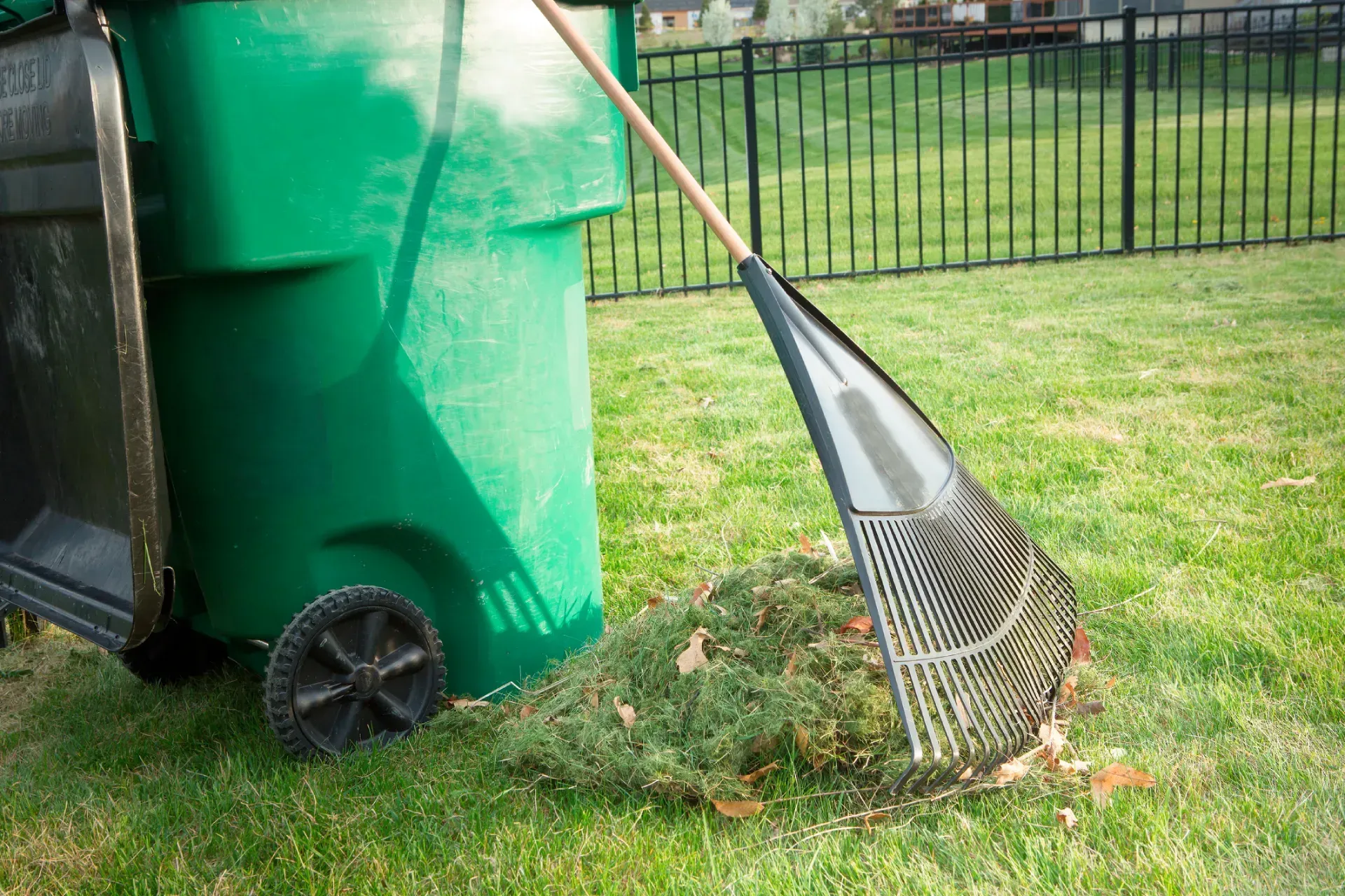 Metal rake leaning against a green trash bin on a grassy lawn near a black fence.