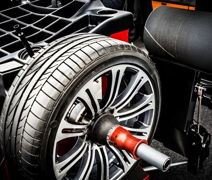 A Car Tire Is Being Balanced On A Machine — Goulburn Automotive Centre In Goulburn, NSW