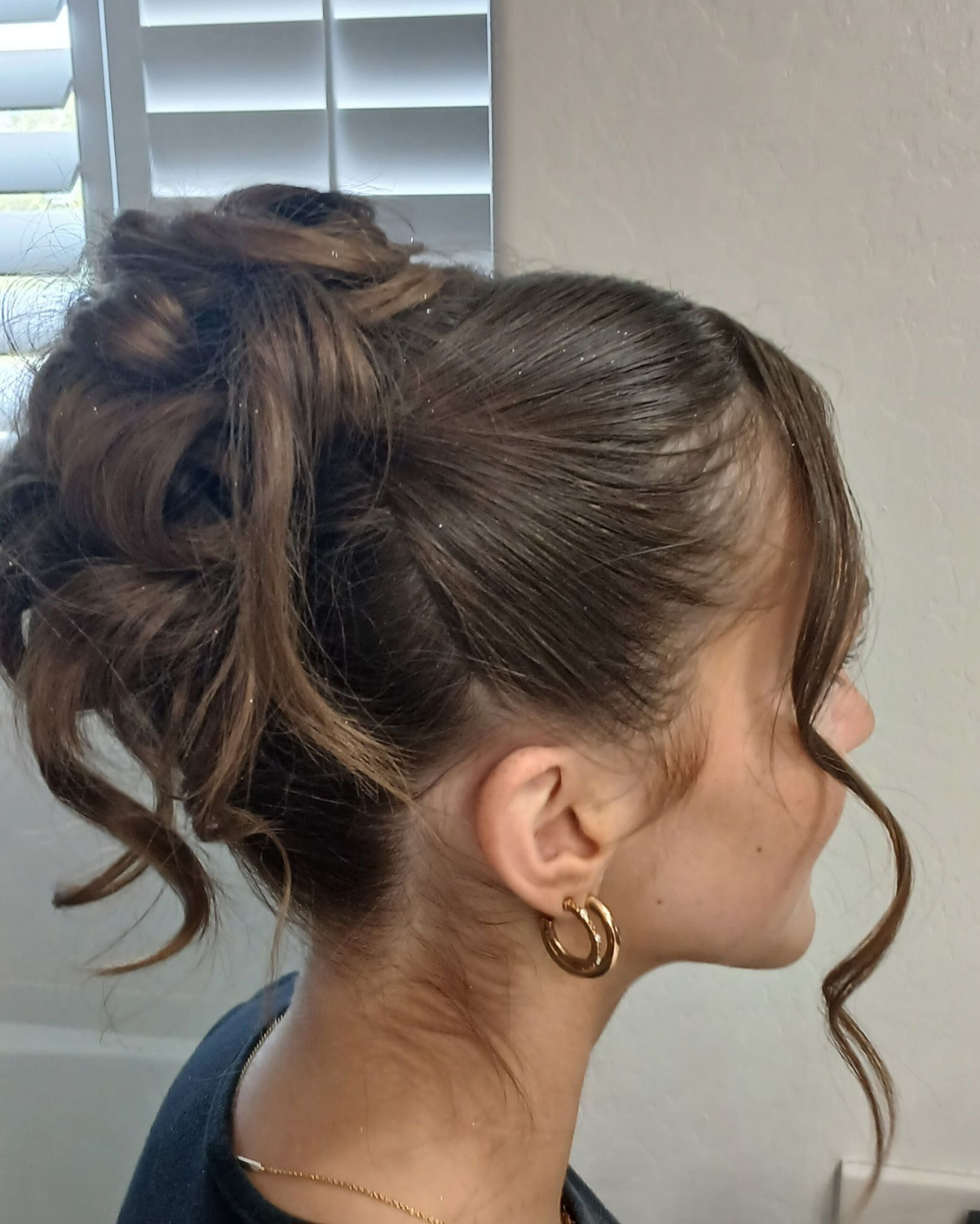 formal curled updo, profile
