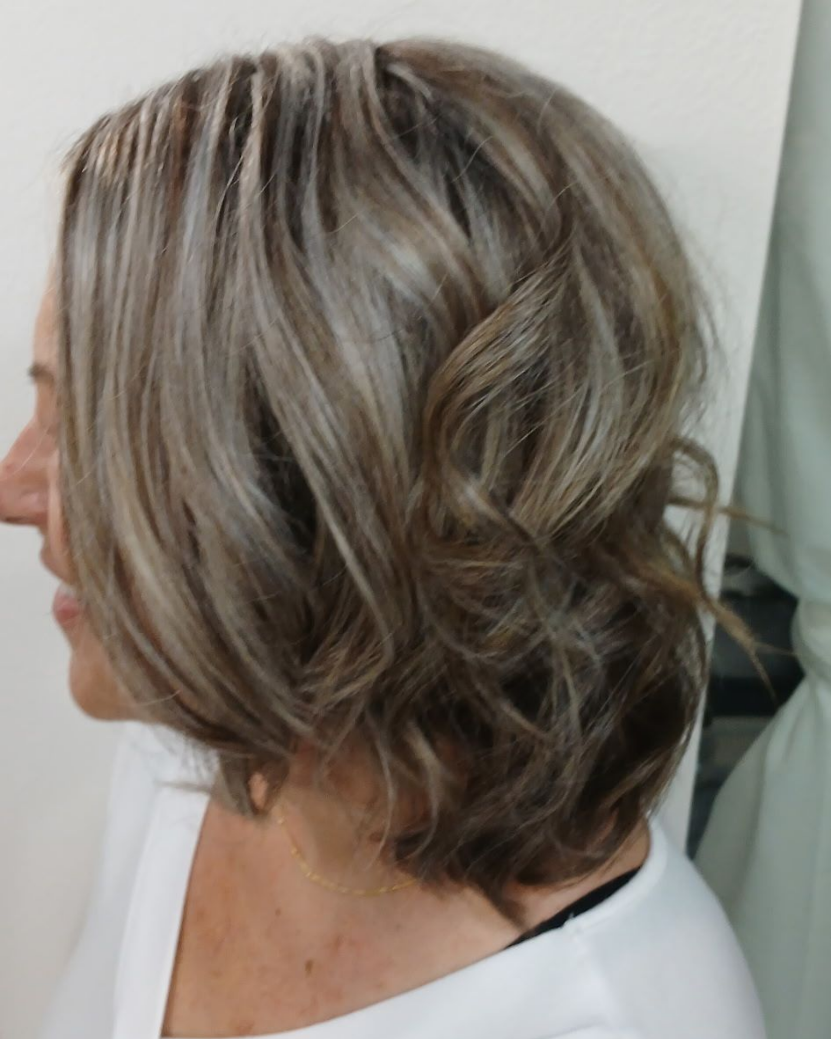 gray-blending bob, styled waves