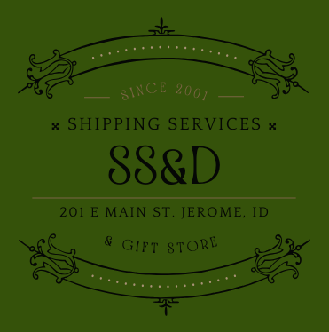 Green logo for SS&D shipping services & gift store. Contains text "SINCE 2001," "201 E MAIN ST. JEROME, ID".