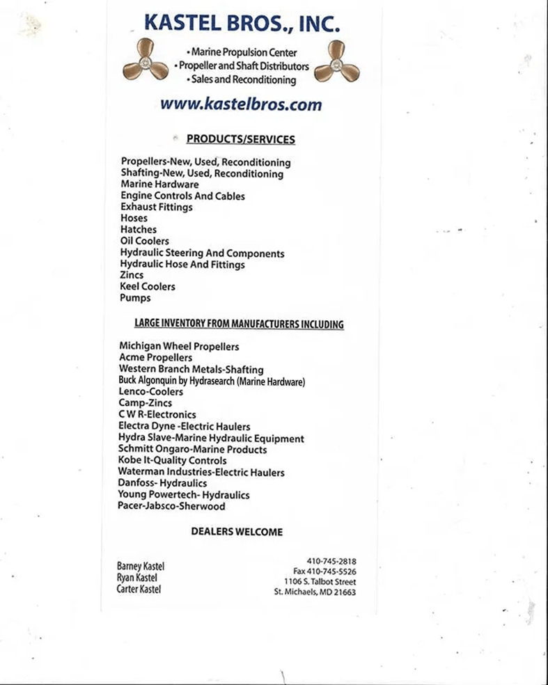 Kastel Bros., Inc. Services — Saint Michaels, MD — Kastel Brothers Kastel Bros., Inc. Services — Saint Michaels, MD — Kastel Brothers